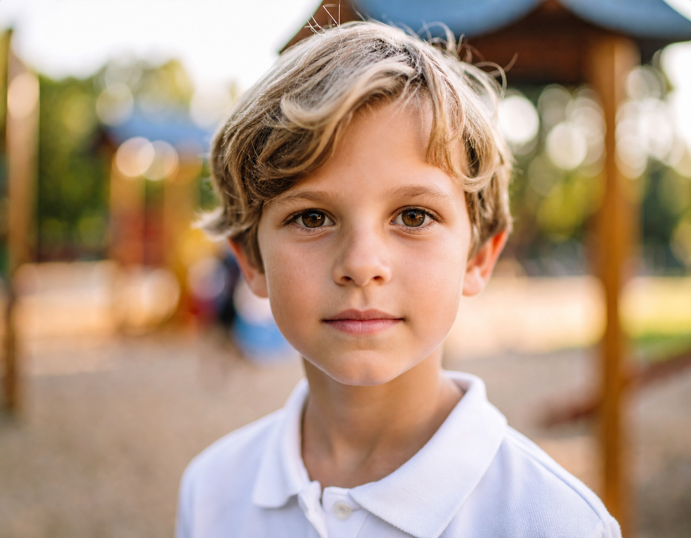Ruhiges, interessiertes Kinderporträt auf einem Berliner Spielplatz