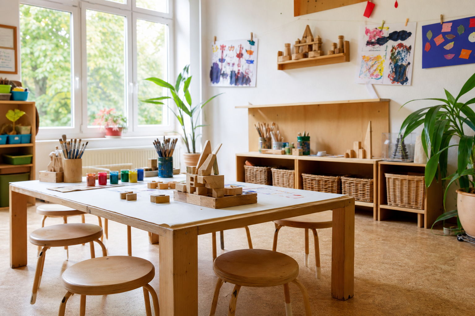 Kreativraum einer Kita mit Kindertisch und Materialien
